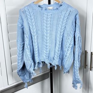 NWT Altar’d State light blue cropped drop shoulder cable knit tassel sweater